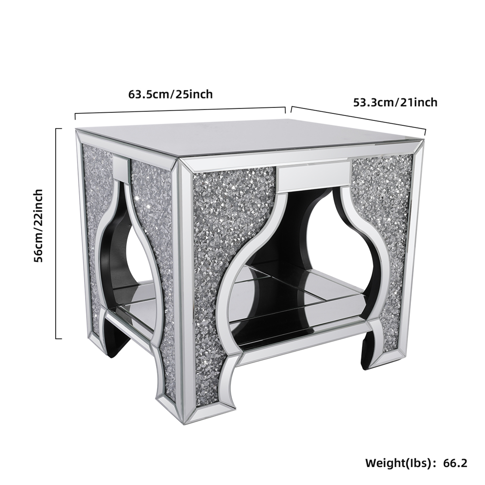 Mirrored End Table Quality Faux Diamond Setting Silver 2-Tier Tall Sofa Side/Couch Side Table, Living Room & family room