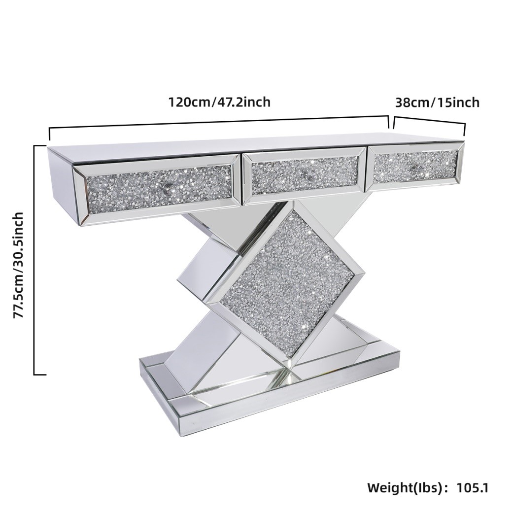 Quality Silver Mirrored Console Table with Faux Diamonds, with Three Drawers for Entryway and living room