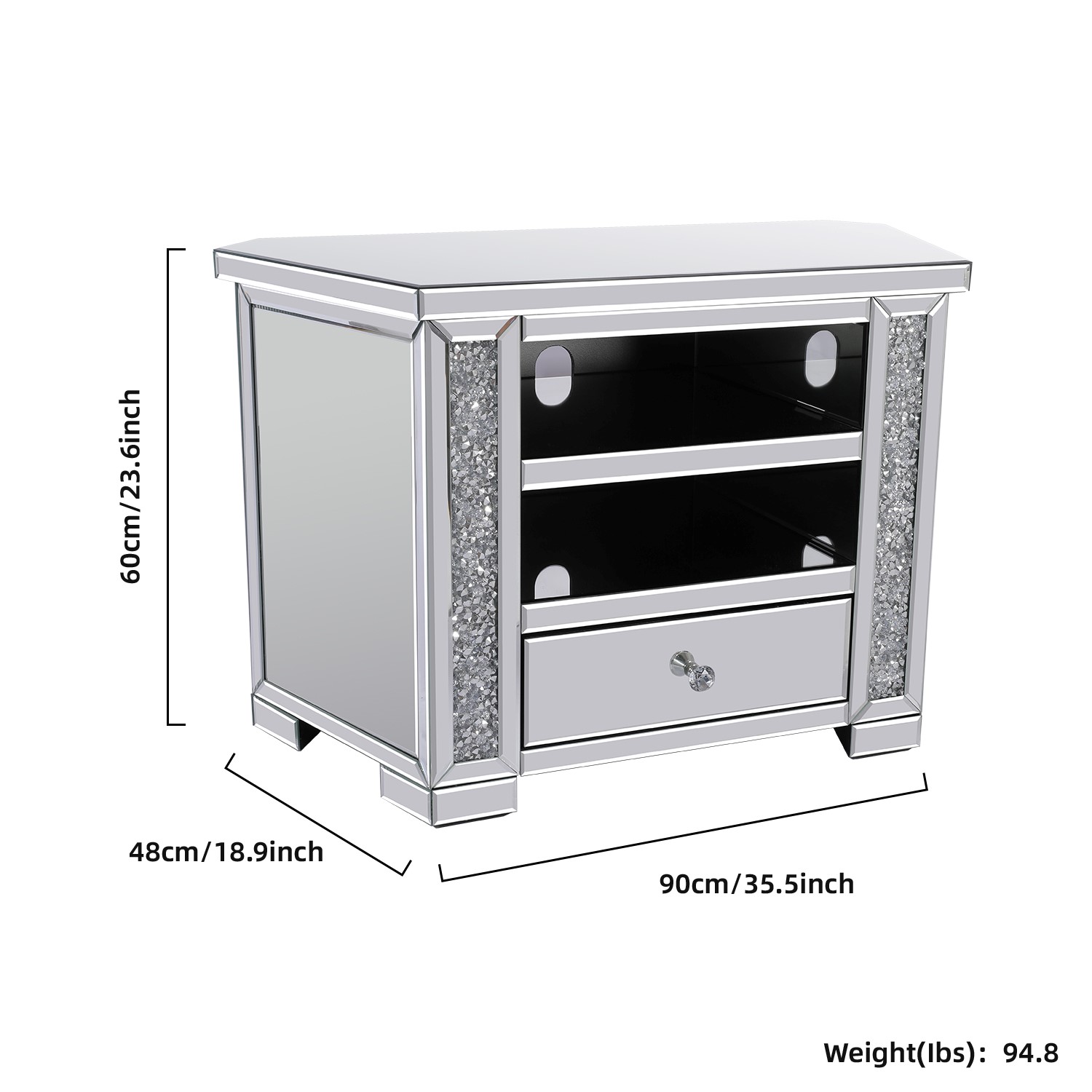 Quality Faux Diamond Mirrored Corner TV Media Unit TV table with Shelf and Drawer TV Cabinet